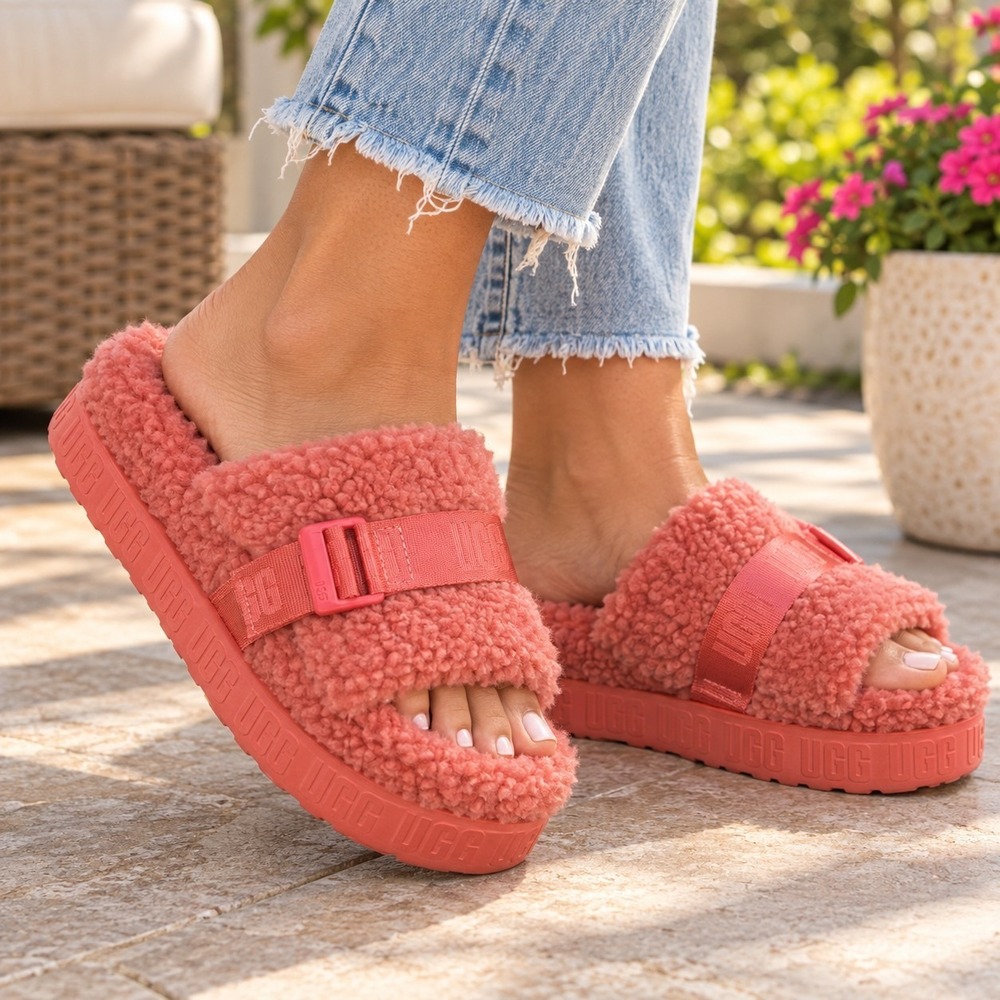 UGG Fluffita Platform Slides Pink Fuzzy Buckle Strap Size Estimated Women's 8